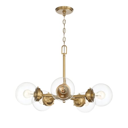 Designers Fountain Knoll 5 Light Mid-Century Brushed Gold with Clear Glass Shades Chandelier For Dining Rooms 95985-BG
